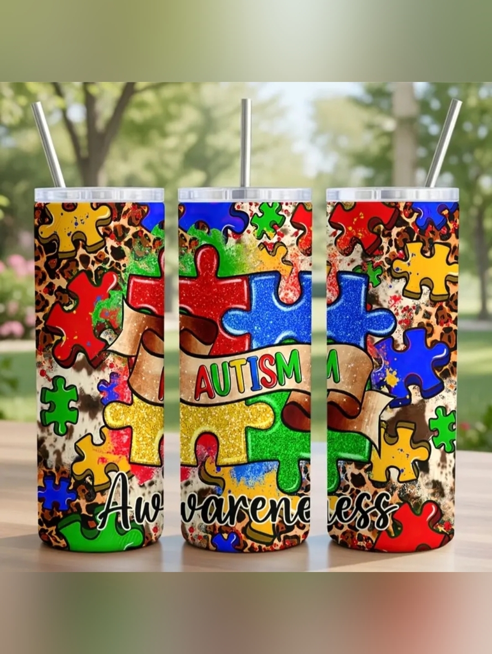 1 Autism Awareness Tumbler With Straw | Puzzle Piece Insulated Cup 20 oz NEW - Picture 3 of 4